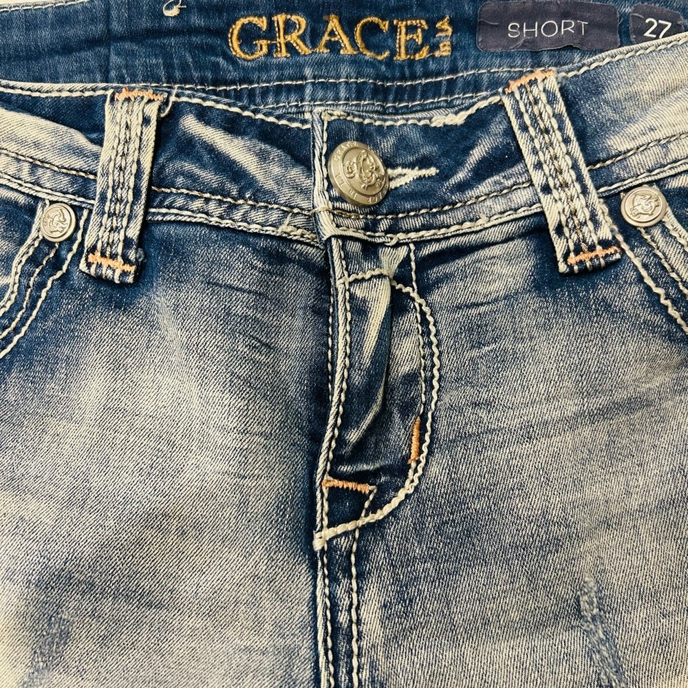Grace Embroidered Light Blue Distressed Jean Shorts - Picture 5 of 9